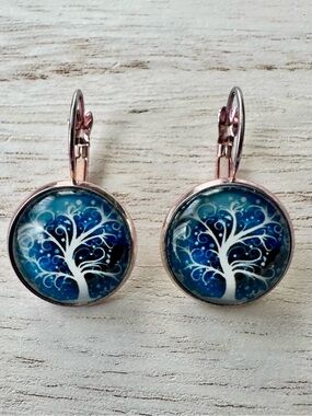 Blue Tree of Life Drop Earrings .5”